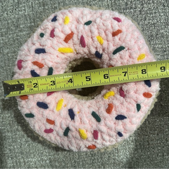 Strawberry glaze hand, knit, doughnut, pillow is soft and plush. Fat free! - Picture 3 of 6